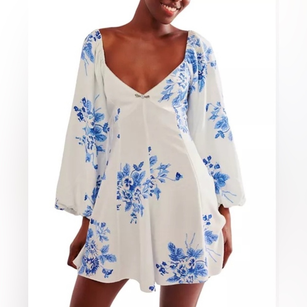 Free People Francesca Floral Blue and White Dress Size L